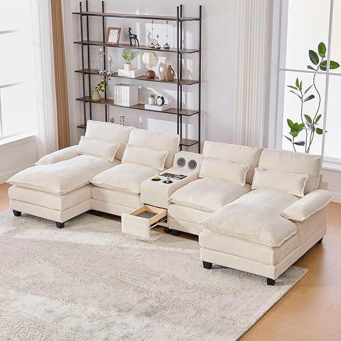 126 Modular Sectional Sofa with Storage Console Cloud Couch Chenille U-Shaped Sofa Cup Holders &amp Wireless Charger Memory Foam Double Chaise for Living Room Office Beige