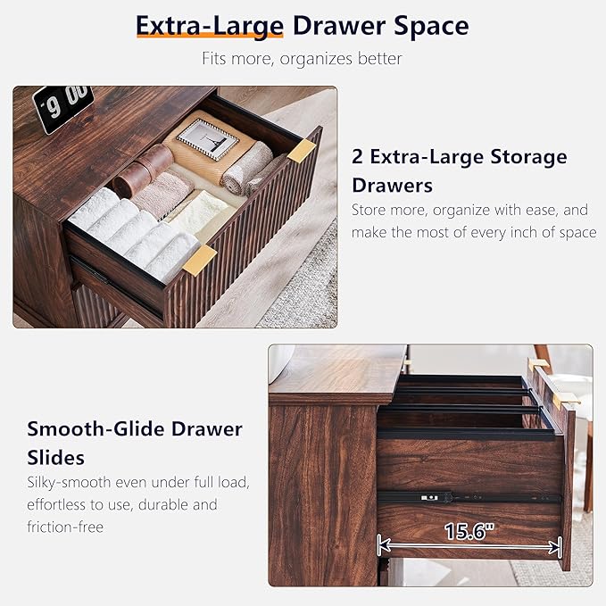 JXQTLINGMU 2 Drawer File Cabinet with Charging Station 30 Fluted Lateral File Cabinet w/Files Hanging Rod for Letter/Legal/A4 Large Tabletop for Printer Office Wood Printer Cabinets Dark Walnut