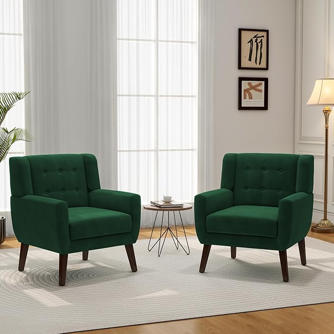 Accent Chair Modern Velvet Arm Chair for Living Room Bedroom Comfy High-Resilient Sponge Reading Chair for Small Spaces （Velvet Retro Green Set of 2