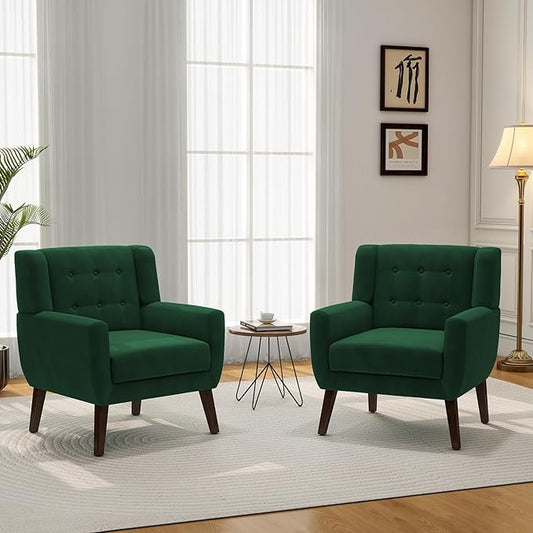 Accent Chair Modern Velvet Arm Chair for Living Room Bedroom Comfy High-Resilient Sponge Reading Chair for Small Spaces （Velvet Retro Green Set of 2