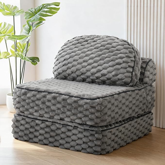 Folding Sofa Bed 3-in-1 Convertible Sleeper Chairs with PillowBack Support Fuzzy Fabric Floor Couch Bed for Adults Boneless Couches Living Room Bedroom Apartment Grey