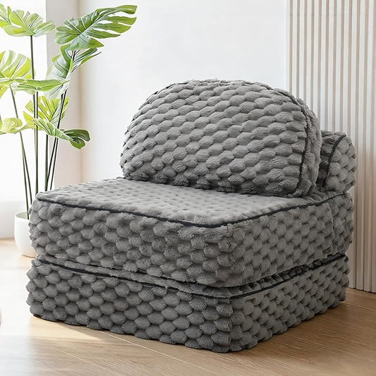 Folding Sofa Bed 3-in-1 Convertible Sleeper Chairs with PillowBack Support Fuzzy Fabric Floor Couch Bed for Adults Boneless Couches Living Room Bedroom Apartment Grey