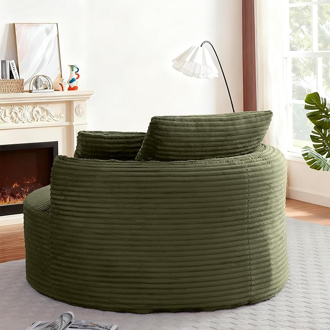 53W Oversized Round Chair Lounge Chaise Indoor Corduroy Comfy Circle Reading Armchair Upholstered Modern Cloud Boneless Chairs Cozy Floor Sofa Chair for Living Room Bedroom Apartment(Green)