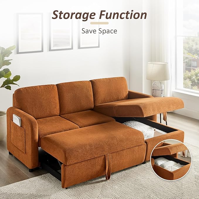 84-inch Sleeper Sofa Bed L-Shaped Corner Reversible Sleeper Sectional Sofa with Storage Chaise 2 in 1 Cloud Terry Convertible Pull Out Couch for Small Space Bedroom Apartment Office Living Room