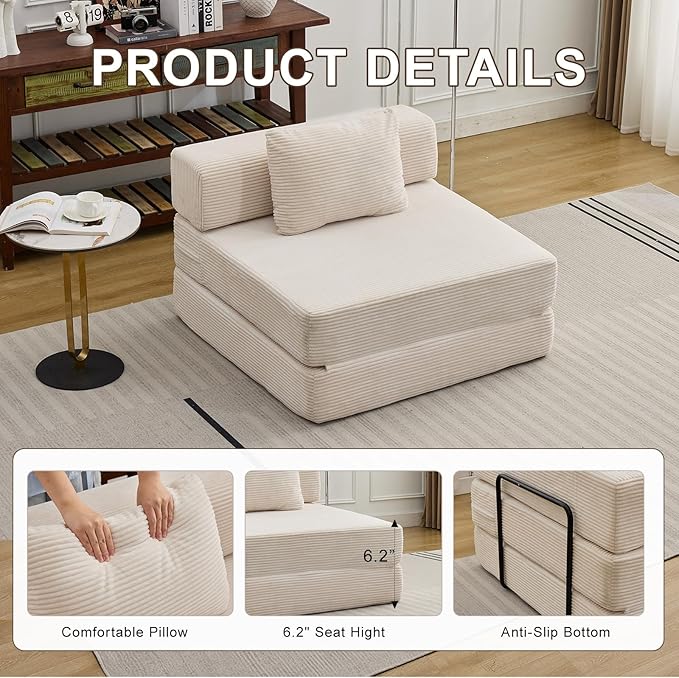 Folding Sofa Bed Convertible Sleeper Chair with Pillow Single Sofa with Back Support Portable Fold Out Chair Cloud Couch Bed Comfy Floor Sofa Lounge for Living Room Bedroom White