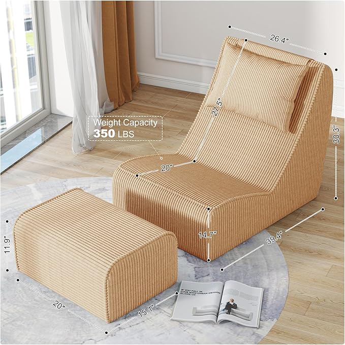 Giant Bean Bag Chair for AdultsCorduroy Chaise Lounge with Unrivaled Back Support Detachable Neck Pillow Comfortable Ottoman &amp Washable Cover for Living Room Bedroom Garden (Camel)