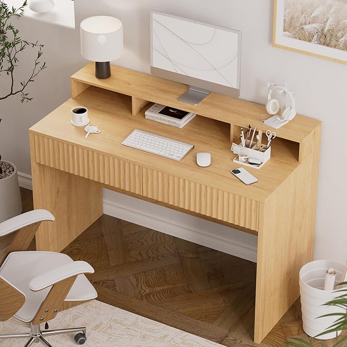 47 Fluted Office Desk with Storage Shelf Modern Wood Executive Desk with Long Monitor Stand &amp 2 Drawers Home Writing Study Computer Table Vanity Desk Natural Oak
