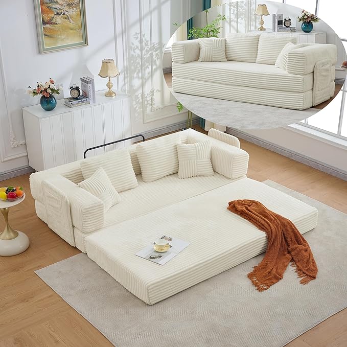4-in-1 Floor Sofa King Size No Assembly Upholstered Boneless Pull Out Couch Bed with 4 Pillows Oversized Corduroy Foam Compressed Sofa Couch in A Box for Living Room Sleeper (Beige)