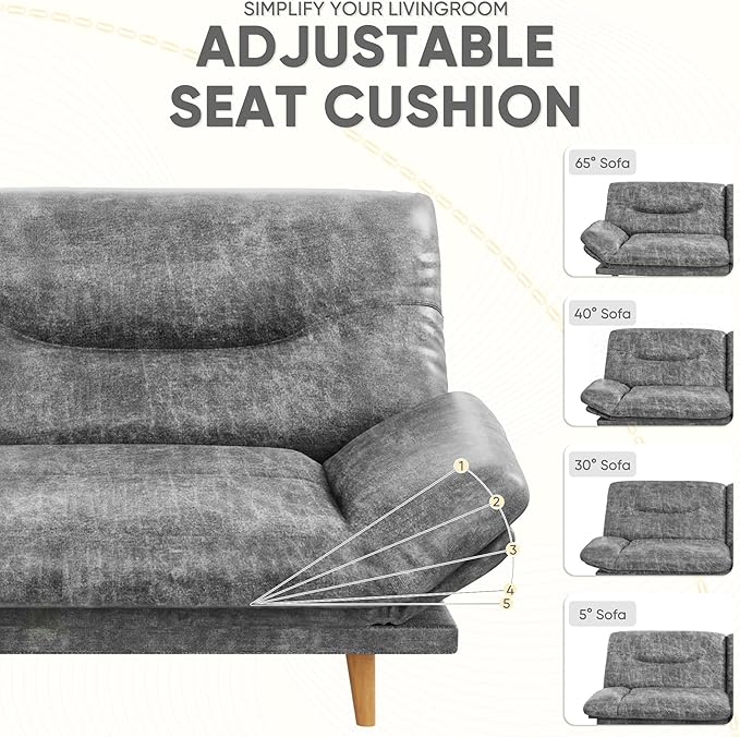 JUMMICO Convertible Futon Sofa Bed Sleeper Futon Couch with Adjustable Backrest and Armrests Modern Loveseat with Sturdy Wood Frame for Small Spaces Apartments (Leathaire Gray)