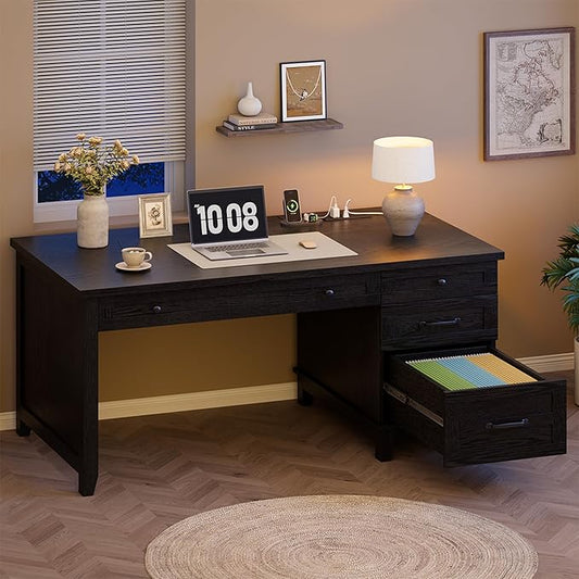 GAOMON 54.5in Wooden Executive Desk with Drawers Office Desk Computer Table with Charging Station Farmhouse Home Office Desk with File Cabinet Storage for Study and Home Office Rustic Black
