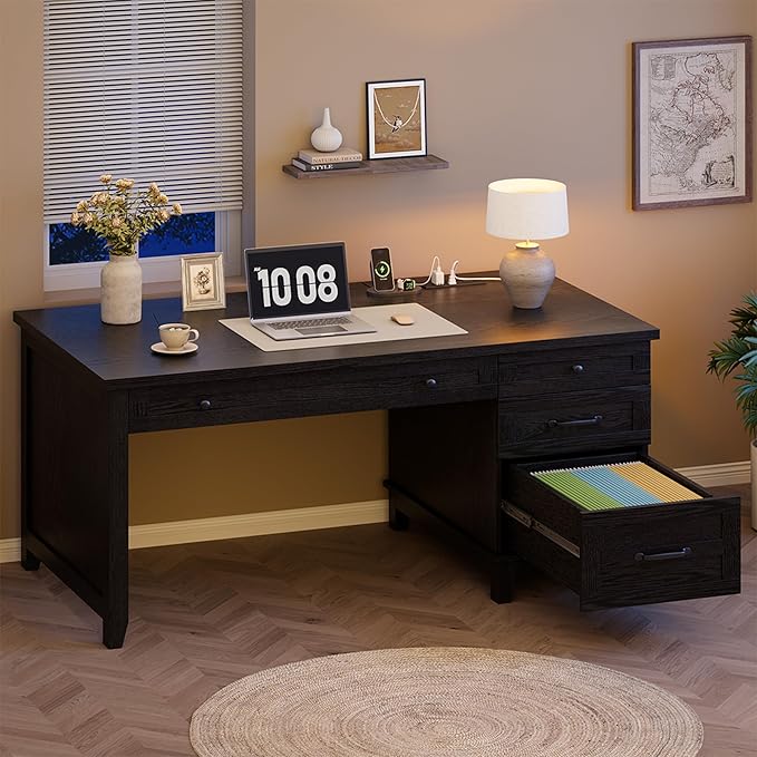 GarveeHome Farmhouse Executive Desk with Drawers 53.54 in Home Office Desk with Charging Station Wooden Computer Desk with File Cabinet Storage for Work Study Writing Rustic Black
