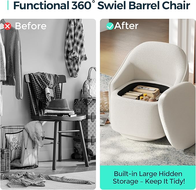 LINSY Swivel Accent Chair with Storage Comfy Chenille Barrel Chairs Small 360 Swivel Modern Armchair for Living Room Bedroom Boucle Reading Chair for Study Room (Beige)