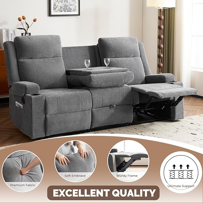 Chenille Reclining Sofa 3-Seater with Convertible Table Storage Ottoman &amp Cup Holders | Modern Space-Saving Couch Ergonomic Living Room Furniture (Gray)