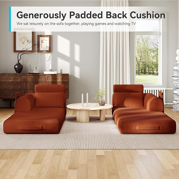 Upgrade High Backrest Design Sofa Bed with Fixed-Shape Frame &amp Removable Armrests and Backrest Corduroy Fabric Convertible Mattress Couch for Small Spaces - No Assembly Needed (High Backrest Ora