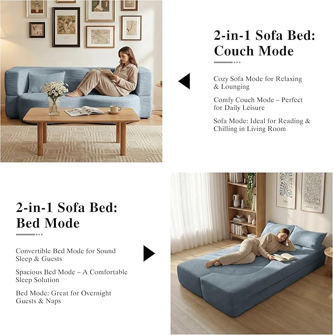 2-in-1 Folding Convertible Sofa Bed - 78 Inch Boneless Teddy Loveseat Sleeper Foldable Floor Futon Couch with Pillow Pull-Out Modular Matress for Small Spaces (Living Room/Bedroom/Dorm) (Blue)