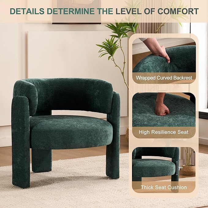 Modern Accent Barrel ChairMid Century Single Armchair with Curved Backrest Upholstered Side Reading Chair with 3 Legs Comfy Sherpa Chair for Bedroom Home Office Living Room (GreenSet of 2)