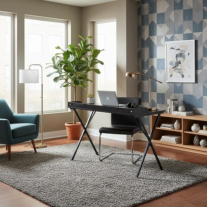 FurnitureR Home Office Writing Desk with Baffle 47.2 Computer Study Desk with X-Shaped Metal Legs Modern Laptop PC Table for Small Spaces Black