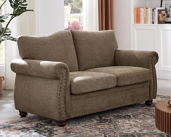 ONBRILL Nailhead Sofa 66 Inch Small Couch with Rolled Arms Chenille Fabric Loveseat w/Springs Seat Cushion Vintage Curved Back Turned Wood Legs Comfy Couch for Living Room Farmhouse Brown