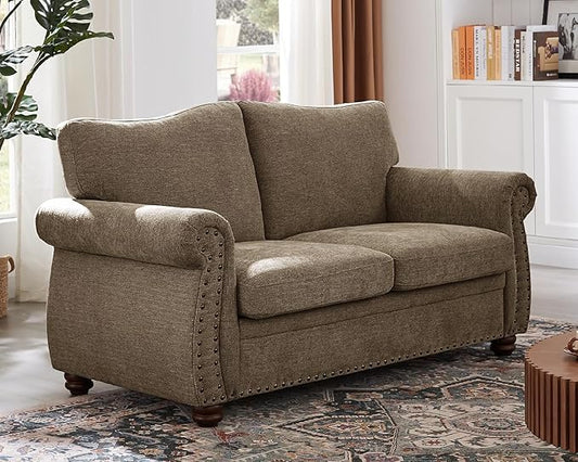 ONBRILL Nailhead Sofa 66 Inch Small Couch with Rolled Arms Chenille Fabric Loveseat w/Springs Seat Cushion Vintage Curved Back Turned Wood Legs Comfy Couch for Living Room Farmhouse Brown