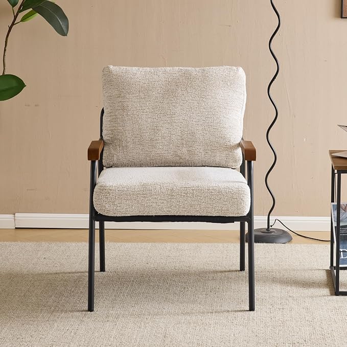 Karl home Accent Chair Modern Armchair with Metal Frame Linen Fabric Upholstory Living Room Chair Mid-Century Reading Chair with Wooden Arms for Living Room Bedroom Reading Room Apartment Beige