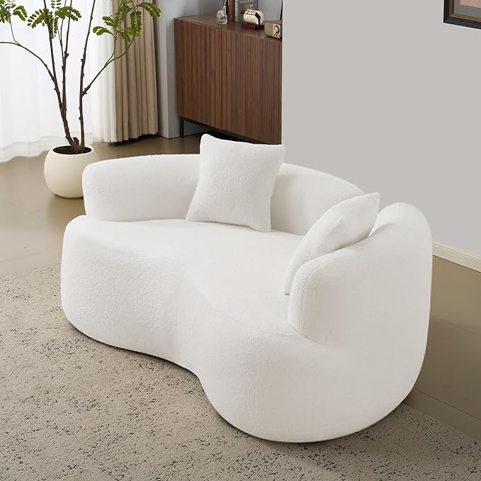 KEIKI 66.93 Cloud Sofa Curved Loveseat Sofa Teddy Velvet Compression Couch for Living Room Guest Bedroom No Assembly Required White