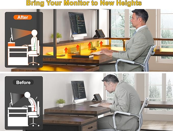 EnHomee 64 x 60 Inches L Shaped Desk with Hutch and Drawers Gaming Desk with Power Outlet &amp Monitor Stand &amp LED Lights Computer Corner Desk Two Person Office Desk for Living Bedroom Rusti