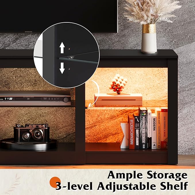 WLIVE Modern LED TV Stand for 65 70 Inch TV 58 Entertainment Center with Adjustable Glass Shelves &amp RGB Lights Wood Media Console Table for Living Room Bedroom Gaming Room Black