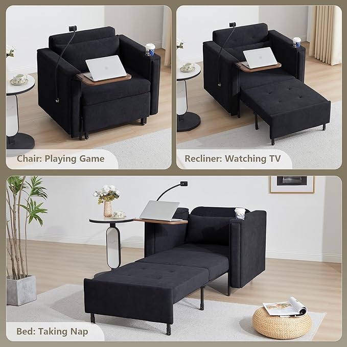 ORRD Pull Out Sofa Chair Bed 2-in-1 Multi-Functional Sleeper Couch Small Loveseat Bed with Hidden Side Table Phone Holder and Cup Holder for Living Room Small Space Apartment (Black)