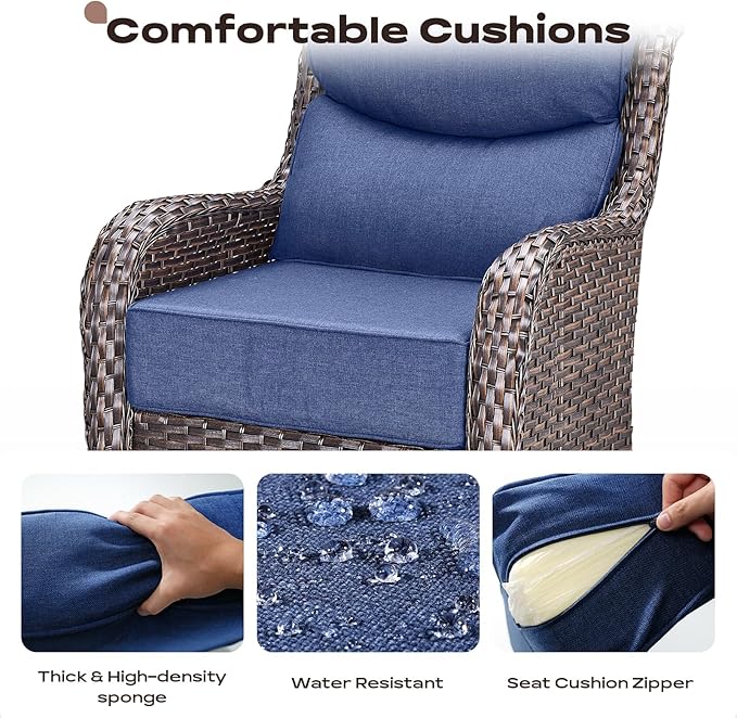 Rilyson Outdoor Patio Furniture Set - Weather Resistant WickerHigh Back6 inch Cushions4 Piece Patio Furniture Set with Swivel Rocker Chairs and Ottomans for Deck Porch YardBrown/Blue