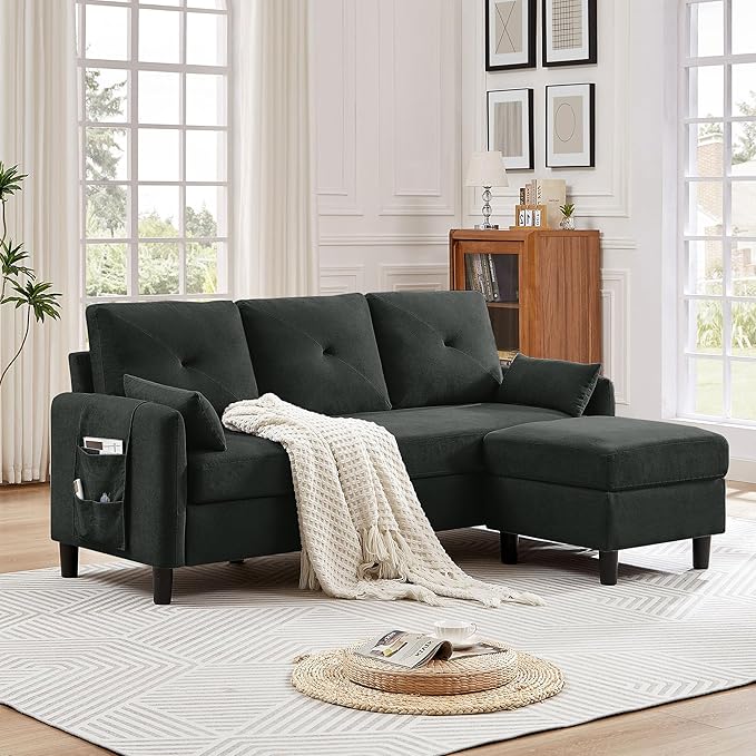 Convertible Sectional Sofa Modern Linen Fabric Sofa Couch with Reversible Chaise 3 Seat L-Shaped Couches for Living RoomOffice Small Apartment Black