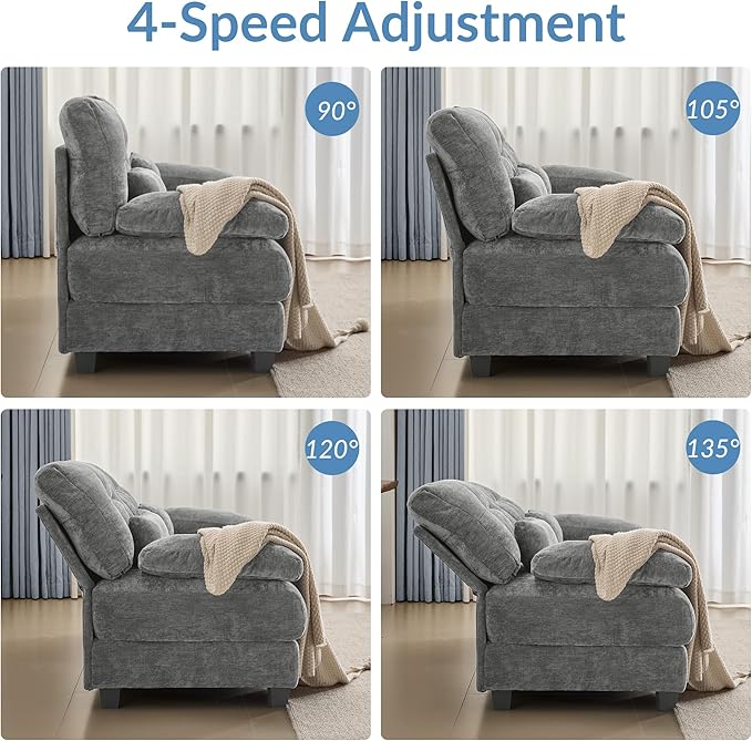 93 3+1 Seater Sofa with Ottoman - 4-Position Adjustable Backrest 350lb/Seat Soft Chenille Fabric 3 Throw Pillows Easy Assembly (Gray)