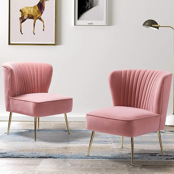 TINA'S HOME Monica Velvet Armless Side Chair Set of 2 Upholstered Accent Chair Comfy Living Room Chair with Golden Legs Wingback Mid Century Slipper Chair for Bedroom Guest Room- Blush Pink