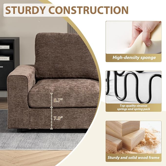 71 Modular Sofa Couch Comfy Chenille Loveseat Sofa Modern Recliner Couch with Deep Seats and Wide Armrests for Living Room(Brown Square backrest)