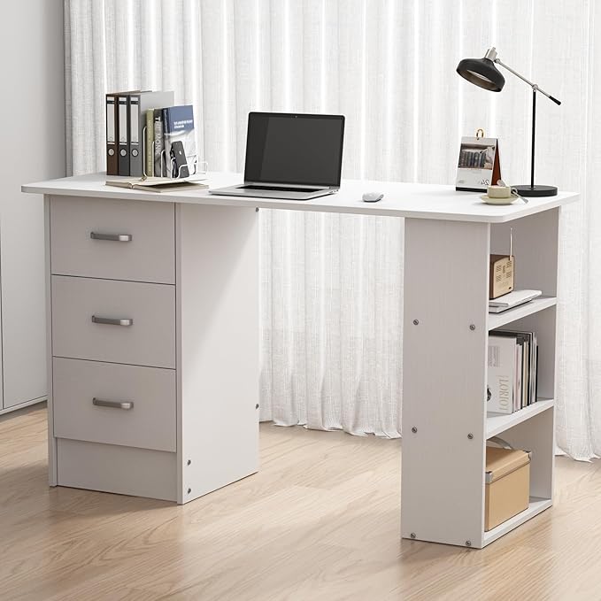 Computer Desk with DrawersStanding Desk with Storage RacksWriting Desk for Home Office or Bedroom (White)