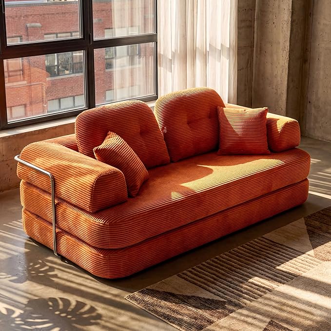 Convertible Modular Sofa Bed with Large Backrest Support &amp Storage Pockets Modern Corduroy Floor Couch for Small Apartment &amp Limited Space Ergonomically Designed Furniture (Orange 82'')