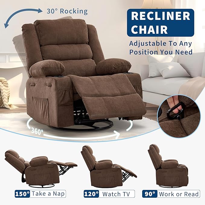 360° Swivel Recliner Chair for Adult Linen Rocker Chair with 3 Positions/2 Side Pockets/Cup Holders Manual Nursery Glider Rocking Chair for Bedroom Living Room Office