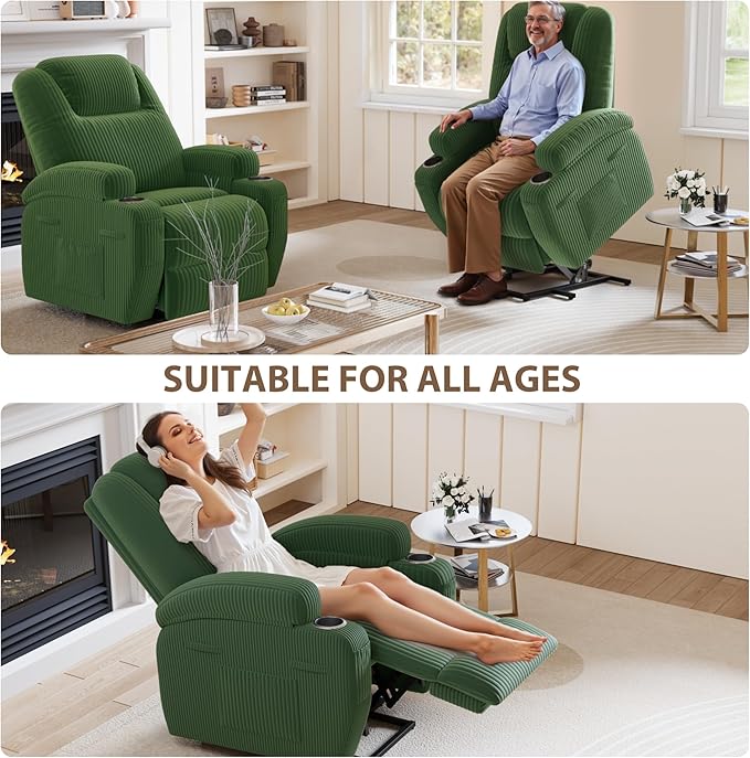 Flamaker Power Lift Chair Massage Recliner Chairs for Elderly Corduroy Ergonomic Design with Cup Holders &amp Side Pockets Remote Control (Green)