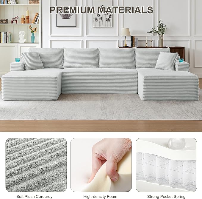 133.5 Oversized U Shaped Sectional Couch Boneless Cloud Couches for Living Room Corduroy Comfort Modular Deep Seat Sofa with Chaise Cup Holders &amp Storage Pocket No Assembly Light Grey