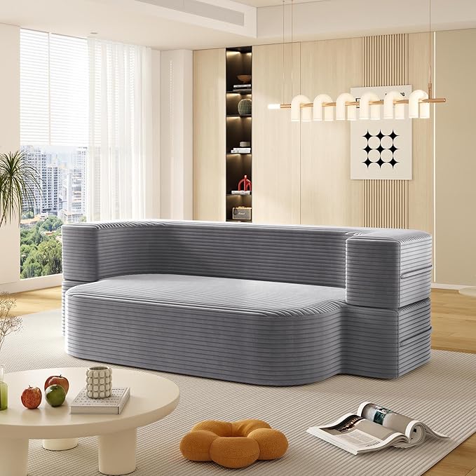 78.7 Convertible Sleeper Sofa Bed with 2 Soft Pillows 2-in-1 Fold Out Couch Upholstered in Luxurious Plush Corduroy Fabric Deep Seat Couch for Living Room Bedroom Guest Room Light Grey