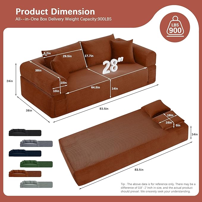 83 Modern Sofa in a Box No Assembly Oversized 3 Seater 28 Deep Seat Cloud Sofa Bed Couch with 4 Furry Pillows &amp Corduroy Fabric Boneless Couch with Side Storage Pockets for Living Room Orange