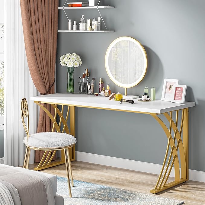 Tribesigns 55’’ Large Modern Computer Desk White &amp Gold Luxury Laptop PC Student Table with Thick Frame &amp Strong Legs Sturdy Writing Workstation for Home &amp Office