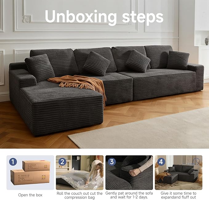 142 Cloud Modular Boneless Couch L-Shaped Left Facing Chaise Sectional Sofa Deep Seat Plush Corduroy Upholstery - Memory Foam Comfy Fluffy Couches for Living Room Bedroom No Assembly Required