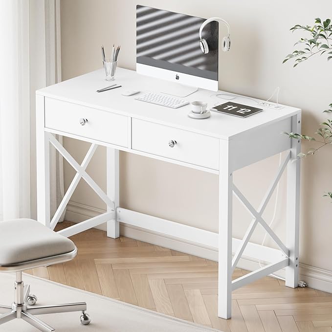 WiberWi Home Office Desk with Drawers White Modern Writing Computer Desk with Power Outlets Small Makeup Vanity Table for Bedroom Study Table for Home Office