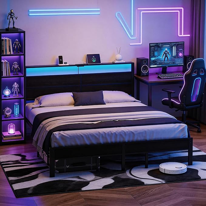 King Size Bed Frame with LED Lights &amp Charging Station Black Metal Platform Bed with Wood Headboard and Sturdy Slats No Box Spring Needed