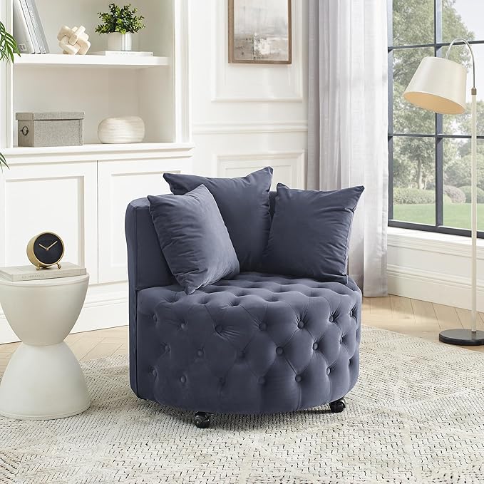 Velvet Swivel Barrel ChairModern Upholstered Accent Chair with WheelsLarge Single Sofa Chair for Living Room Club Bedroom Home Office (Grey+Velvet)