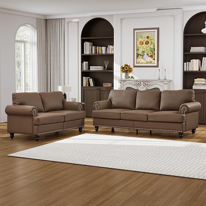 83-inch 3 Seater Couch with Storage Mid Century Chesterfield Faux Leather Vintage Retro Classic Sofa Couch with Nailhead Trim &amp Rolled Armrests for Living Room Bedroom Office Brown
