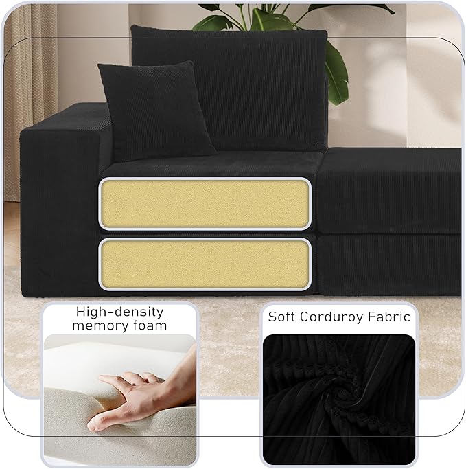 79.5 Sectional Boneless Modular L-shaped Couches for Living Room Small Spaces Convertible Oversized Sleeper Sofa Bed-Luxury 1.5 Full Bed. Corduroy Futon Floor Couch with Non-Slip Base Black.