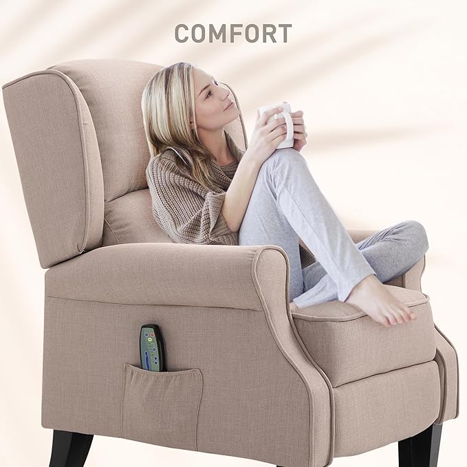 HOMCOM Vibration Massage Recliner Chair for Living Room with Heat Wingback Single Sofa Modern Linen Fabric Push Back Reclining Chair with Footrest Side Pocket Dark Beige