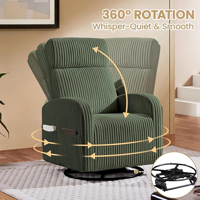 Yaheetech 360° Swivel Glider Chair for Nursery Rocking Chair Nursing Chair with Side Pockets Corduroy Glider for Living Room with High Back Dark Green