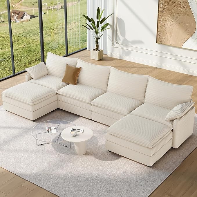Vesgantti 142 U Shaped Sectional Couch Comfy Cloud Modular Sectional Sofa with 2 Ottoman Deep Seat Corduroy Modern Cloud Sofa Modular Sofas for Living Room Bedroom and Apartment Beige